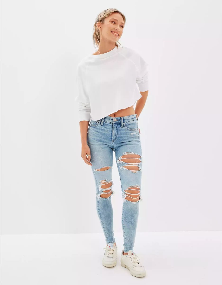 Jean American Eagle AE Lu(x)e Ripped High-Waisted Jegging Bleu Blanche Femme | DGO-34800973